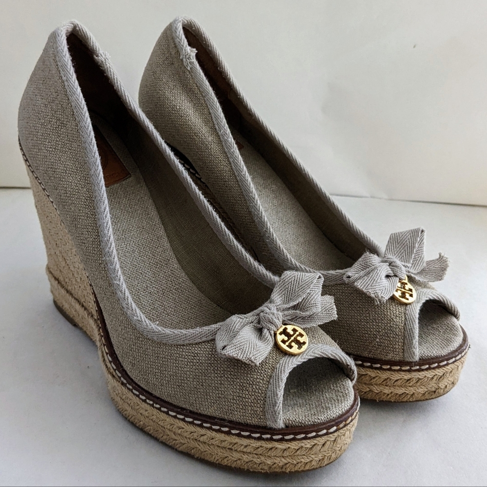 Tory Burch Jackie Peep-Toe Espadrille Canvas Linen Wedge Heels Sz 9.5